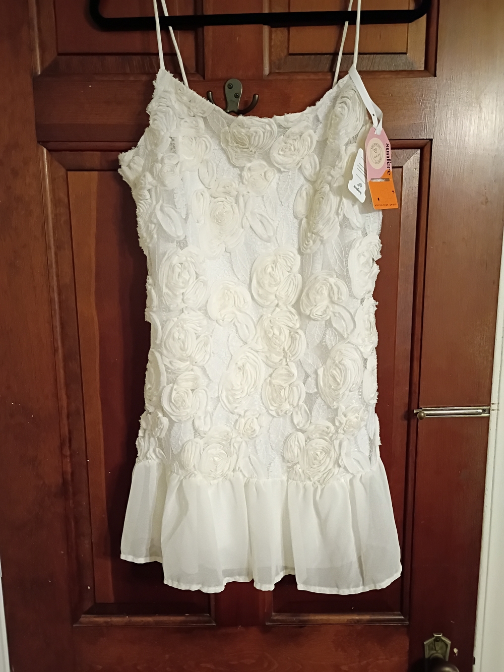 Women Off White Floral Rosette Spaghetti-Strap Dress Size L